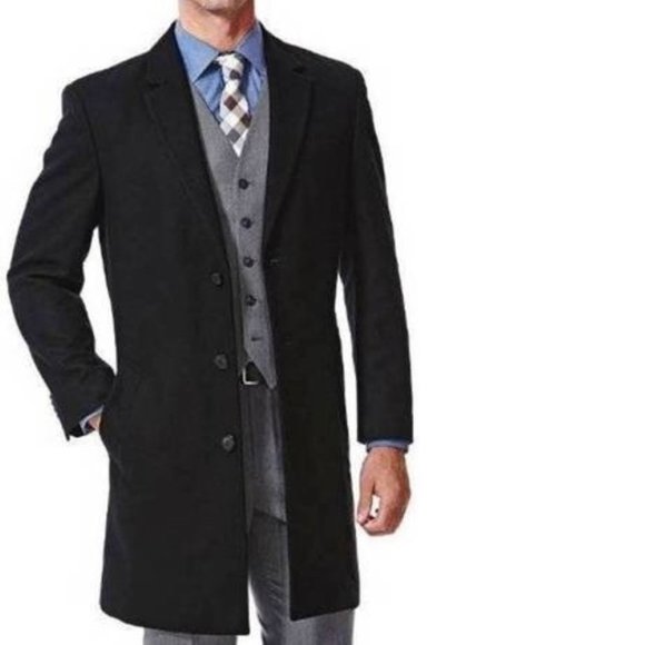 Mens Trench Coat Haggar Melton Wool Blend Black 42R Notched 37" Length 3 Button - Picture 2 of 6